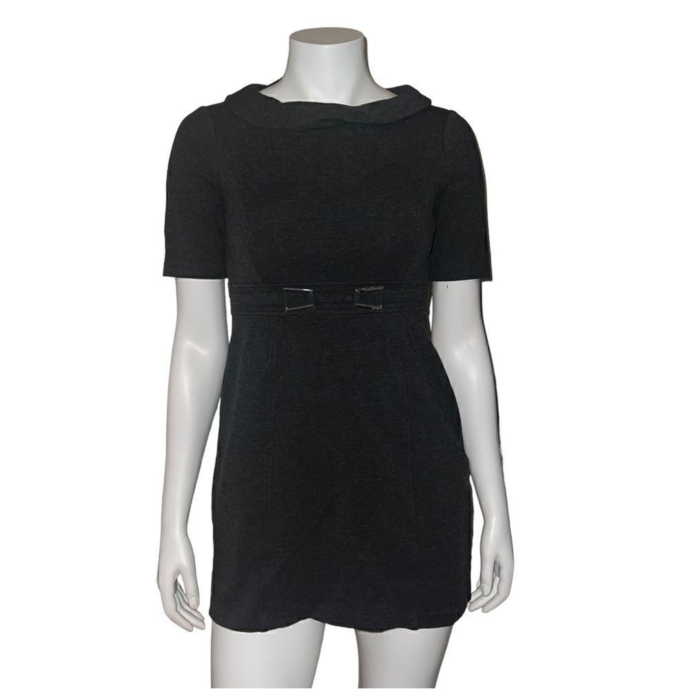 White House Black Market Dark Gray Knit Mini Dress Peter Pan Collar Sz 2 EUC